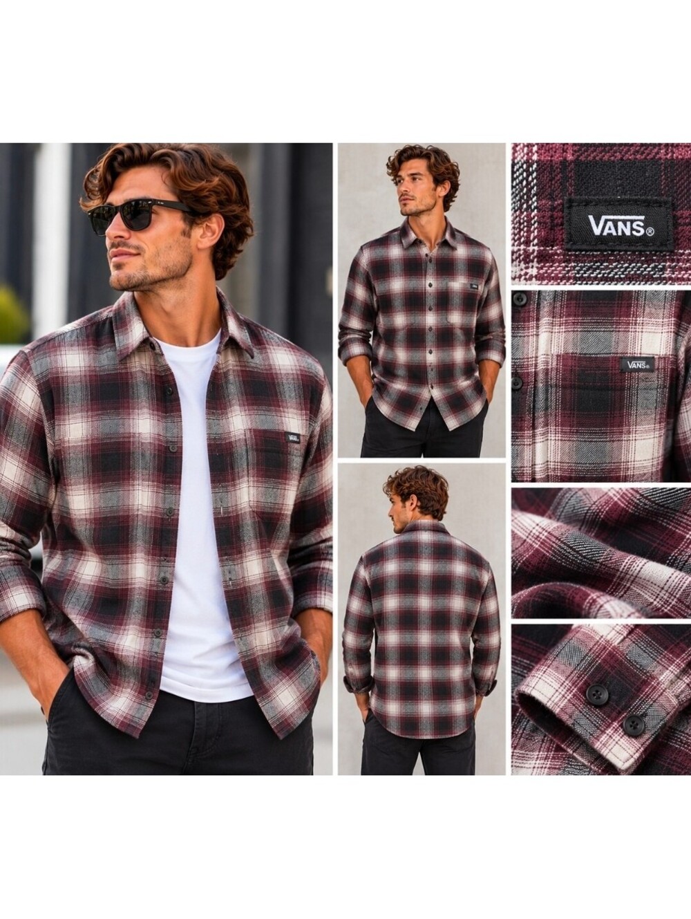 Vans Mens XL Plaid Flannel Shirt Burgundy Gray Black 2 Pocket 100% Cotton